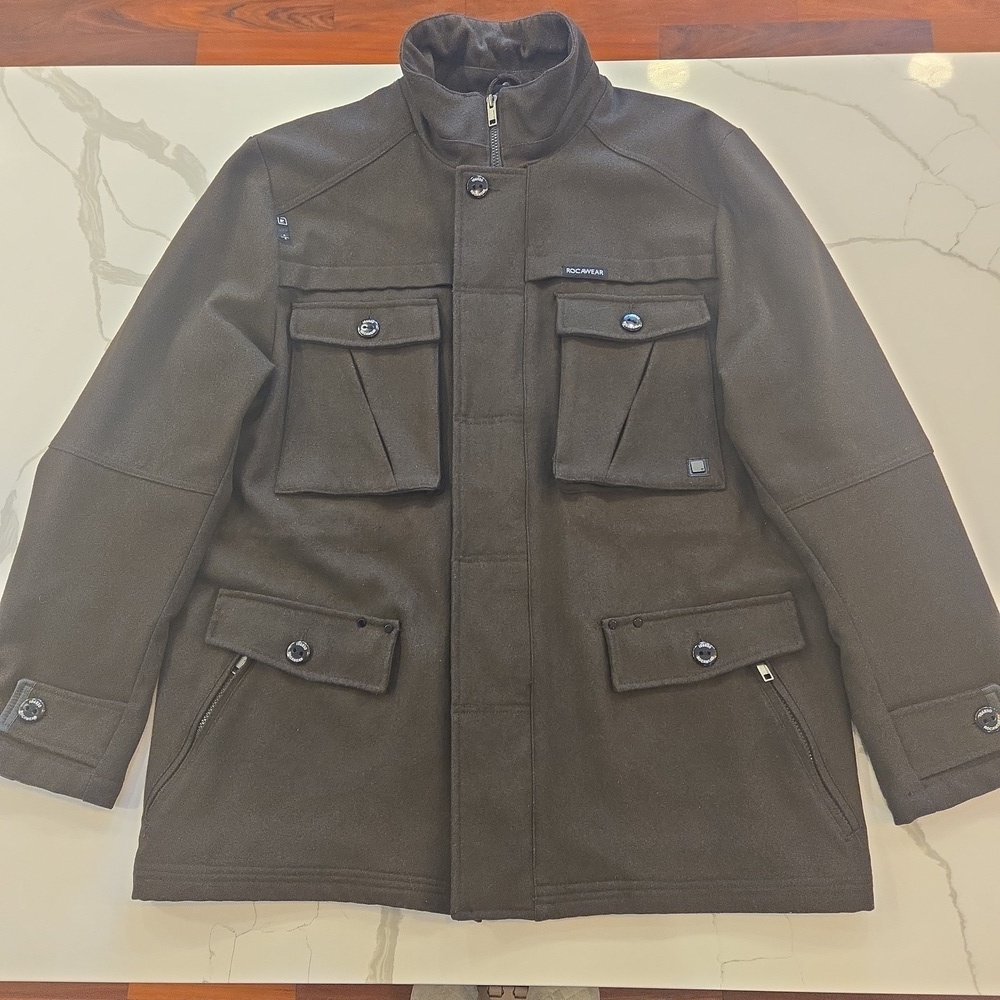 Vintage Y2K Rocawear Mens Wool Military Field Coat Brown Size 2X
